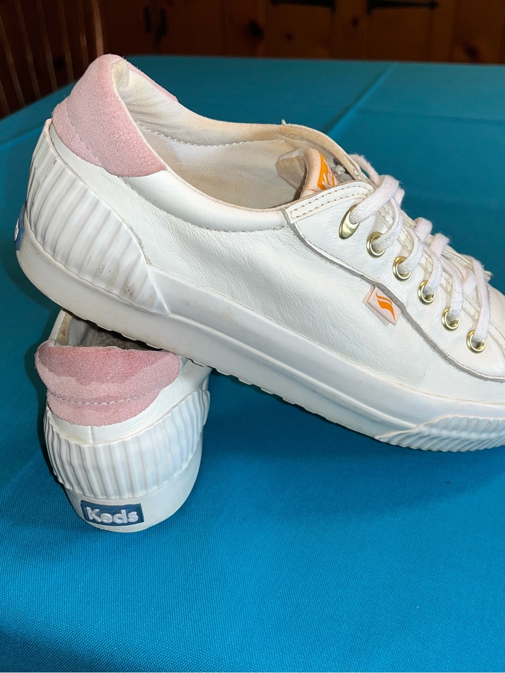 Keds White Leather Sneakers with Pink Suede Heel Tab